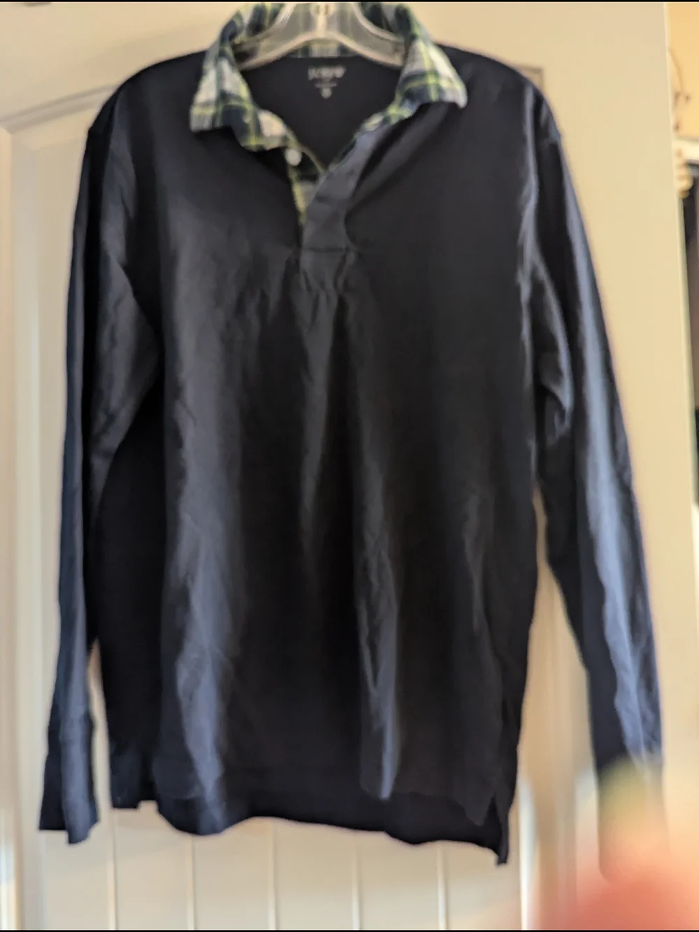J. Crew Navy Long-Sleeve Polo with Green Plaid Collar